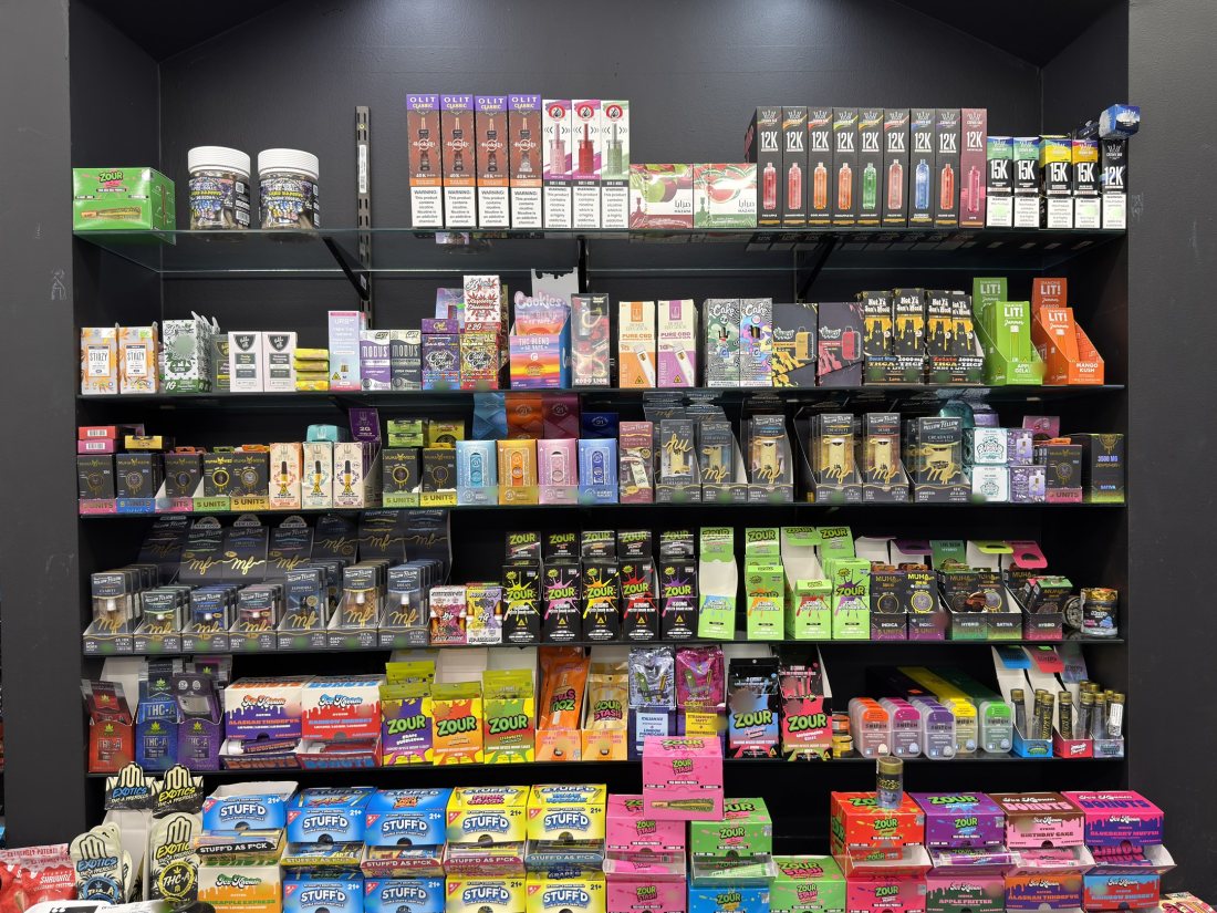 The main product wall at Glen Smoke Shop, floor to ceiling