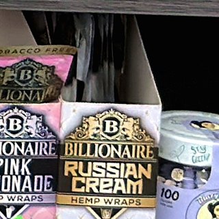 Billionaire Russian Cream Hemp Wraps on the shelf at Glen Smoke Shop
