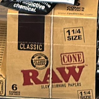 RAW Classic Cone 1 1/4 Size Cones (6 per pack) on the shelf at Glen Smoke Shop