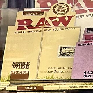 RAW Organic Hemp Single Wide Rolling Papers on the shelf at Glen Smoke Shop