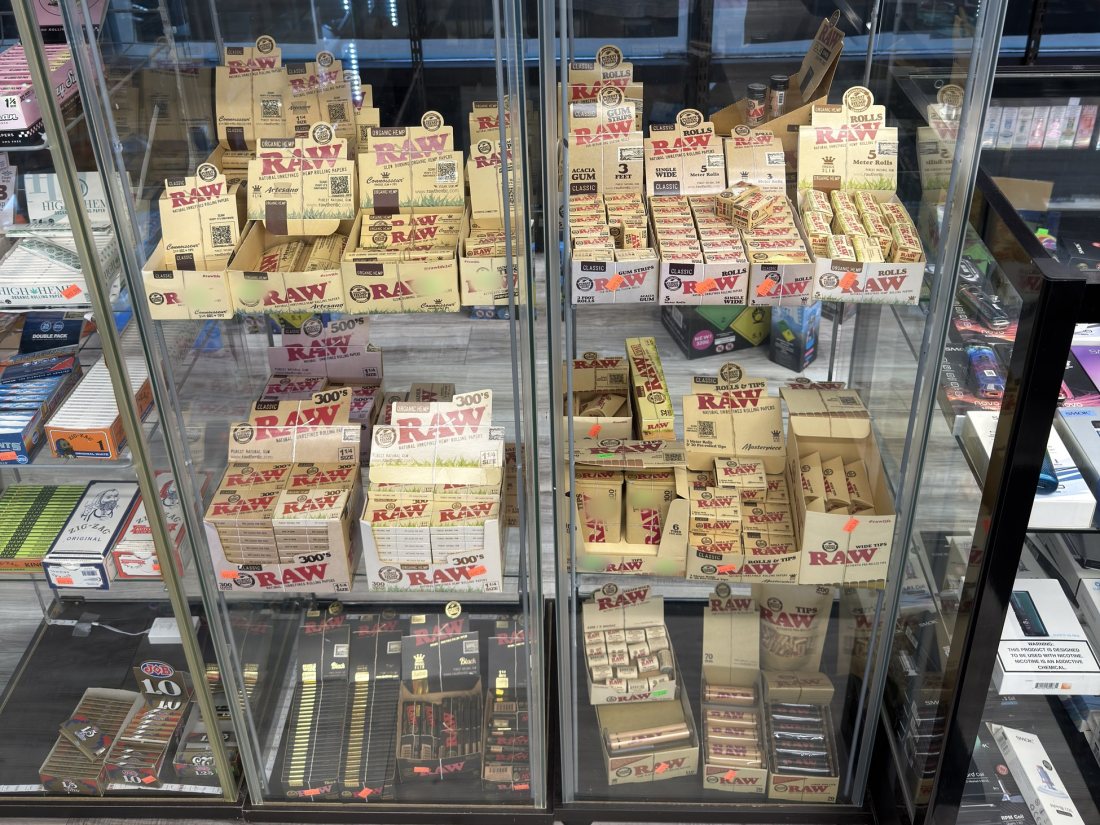 A case of RAW rolling papers, cones and tips at Glen Smoke Shop
