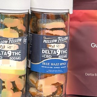 Mellow Fellow Live Resin Delta 9 THC + CBD Blue Razz Rings on the shelf at Glen Smoke Shop