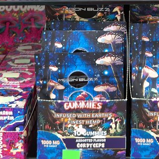 Moon Buzz Mushroom Gummies Cordyceps (Assorted Flavor) on the shelf at Glen Smoke Shop