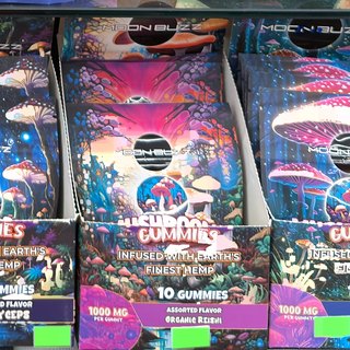 Moon Buzz Mushroom Gummies Organic Reishi on the shelf at Glen Smoke Shop
