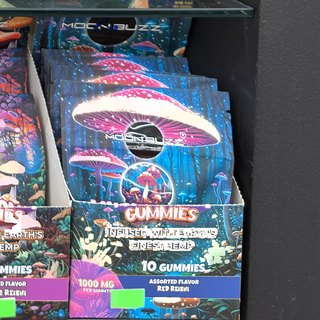 Moon Buzz Mushroom Gummies Red Reishi on the shelf at Glen Smoke Shop