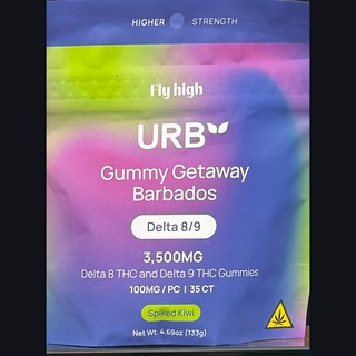 URB Gummy Getaway Barbados - Spiked Kiwi on the shelf at Glen Smoke Shop