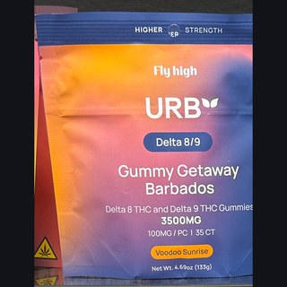 URB Gummy Getaway Barbados (Voodoo Sunrise) on the shelf at Glen Smoke Shop