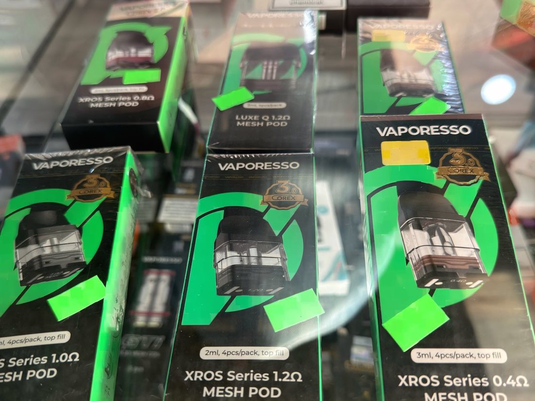 Vaporesso replacement mesh pods and coil packs on the shelf